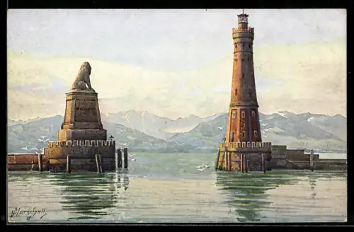Künstler-AK V.Marschall: Lindau, Hafen-Einfahrt