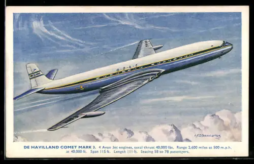 Künstler-AK Flugzeug De Havilland Comet Mark der BOAC