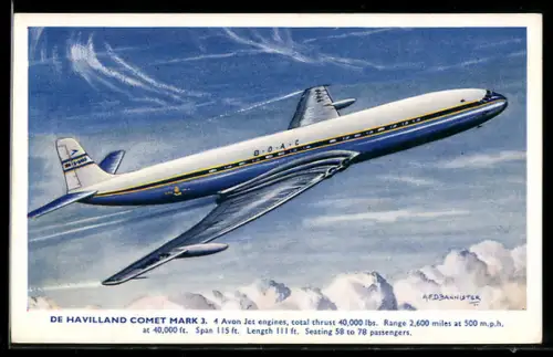 Künstler-AK Flugzeug De Havilland Comet Mark 3 der BOAC