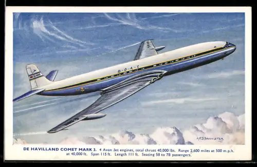Künstler-AK Flugzeug De Havilland Comet Mark 3 der BOAC