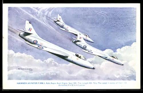 Künstler-AK Hawker Hunter F. MK. I im Sinkflug, Flugzeug