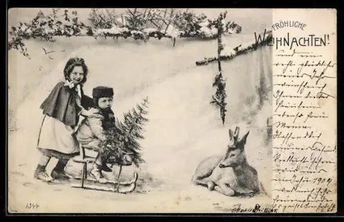 AK Kleine Schlittenfahrer mit Tannenbäumchen und Reh, Weihnachtsgruss