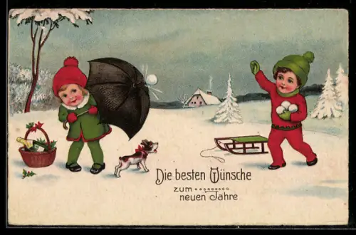 AK Kleines Paar mit Schneebällen, Schirm, Schlitten, Hund, Präsentkorb, Neujahrsgruss