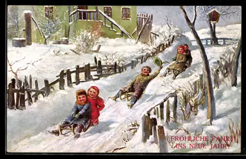 AK Kinder beim Rodeln vor einem Haus, Neujahrsgruss