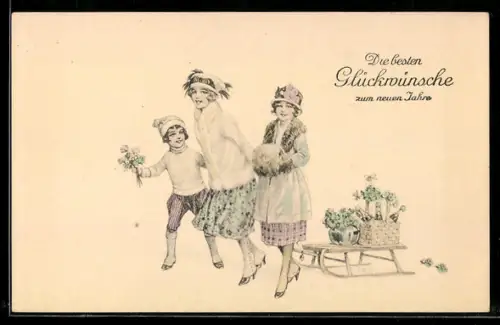 AK Drei junge Damen mit Punsch u. Sekt im Schlitten, Neujahrsgruss