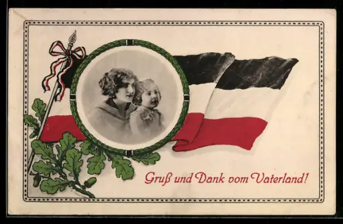 AK Frauen- u. Kinderportrait, Deutsche Flagge, Eichenzweig