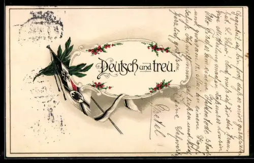 AK Deutsch und treu, Flagge, Lorbeerzweig