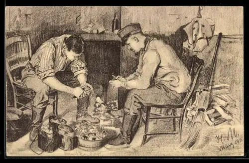 AK Soldaten beim Kartoffelschälen in einer Stube