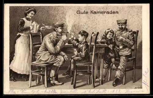 AK Gute Kameraden, Soldaten im Quartier mit Familienanschluss