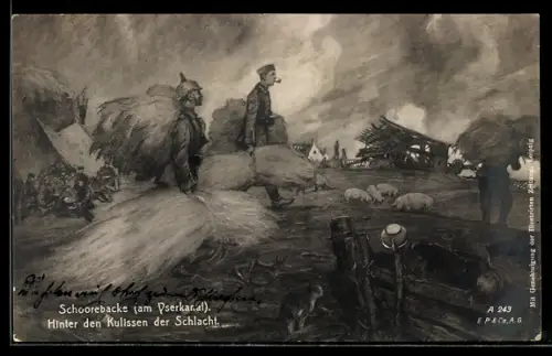 AK Schoorebacke /Yserkanal, Soldaten bei Erntearbeiten, Ruinen