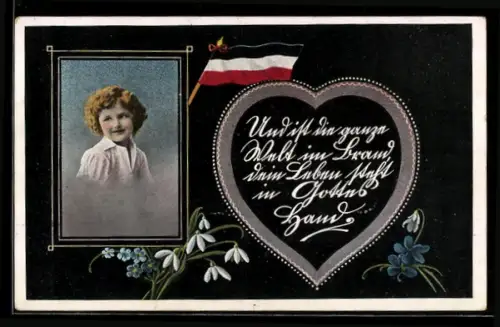 AK Und ist die ganze Welt..., Spruch in Herzrahmen, Flagge, Kinderportrait