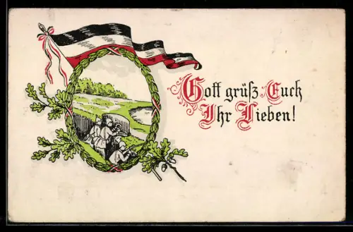 AK Gott grüss Euch..., Soldaten im Schützengraben, Eichenkranz, deutsche Flagge