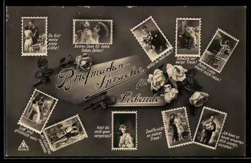 AK Briefmarkensprache für Liebende, Briefmarken-Portraits, Rosen