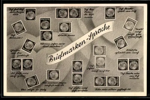 AK Briefmarkensprache, Briefmarken in verschiedenen Ausrichtungen