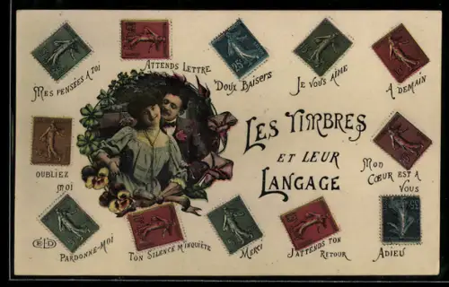 AK Les Timbres et leur Langage, Paar, Briefmarken