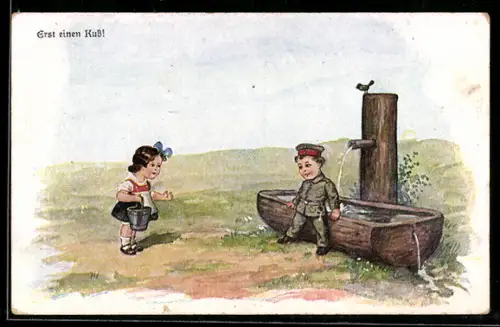 AK Kinder Kriegspropaganda, Junge verweigert den Zugang zum Brunnen, will erst einen Kuss