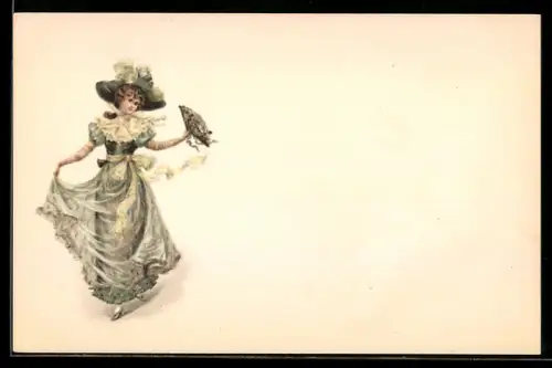 AK Junge Dame mit Hut und Fächer