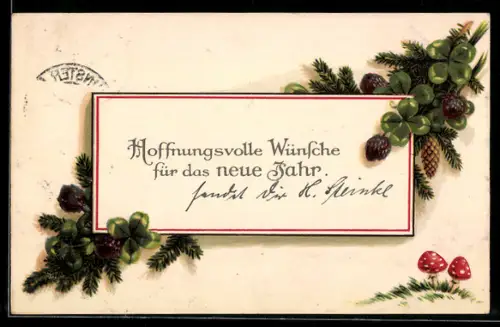 AK Fliegenpilze, Tannenzweig, schwarz-weiss-rote Banderole, Klee, Neujahrsgruss