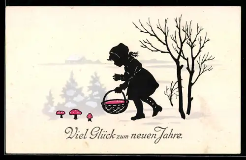 AK Mädchen mit Korb in Schneelandschaft, Fliegenpilze, Neujahrsgruss