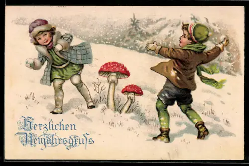 AK Kleines Paar, Schneeballschlacht, Fliegenpilze, Neujahrsgruss
