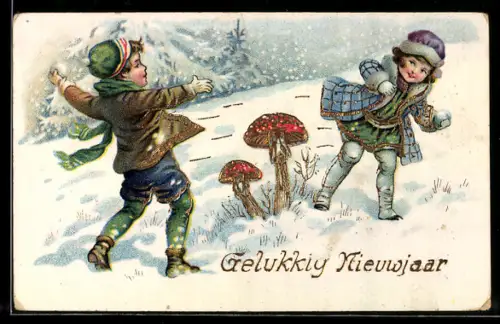 AK Kleines Paar bei Schneeballschlacht, Fliegenpilze, Neujahrsgruss