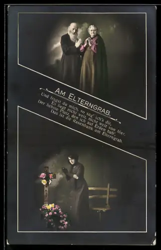 AK Frau mit zum Gebet gefalteten Händen am Elterngrab