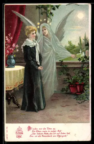 AK Elterngrab, Mädchen trauert, Schutzengel ist da