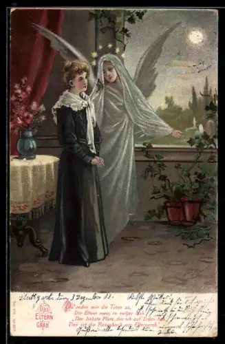 AK Elterngrab, Mädchen trauert, Schutzengel ist da