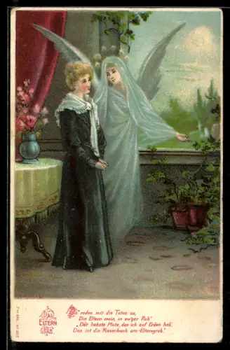 AK Elterngrab, Mädchen trauert, Schutzengel ist da