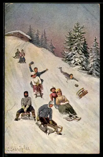 Künstler-AK L. Schröpler: Schlittenabfahrt, Rodeln, Wintersport