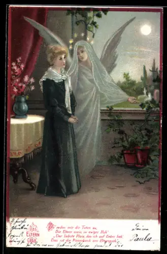 AK Elterngrab, Mädchen trauert, Schutzengel ist da
