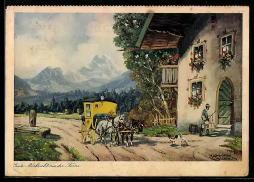 Künstler-AK Gute Nachricht aus der Ferne, Postkutsche