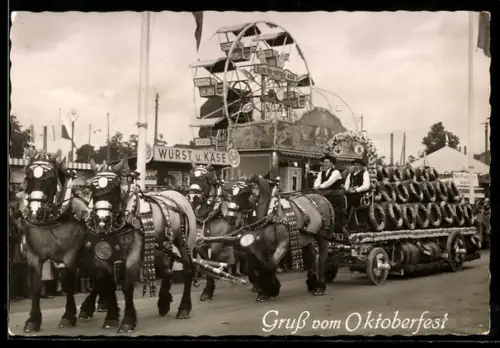 AK Festwagen auf dem Oktoberfest mit Riesenrad im Hintergrund