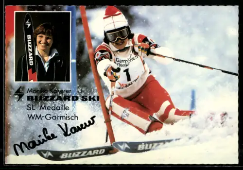 AK Skirennläuferin Monika Kaserer mit Reklame für Blizzard Ski