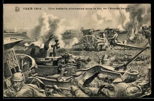 Künstler-AK Yser, belgische Artillerie unter Beschuss deutscher Truppen