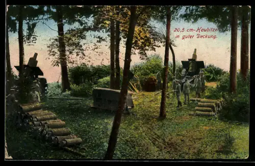 AK 20,5cm Haubitzen in guter Deckung mit Soldaten