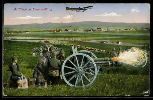 AK Artilleriegeschütz in Feuerstellung und Soldaten mit Pickelhauben
