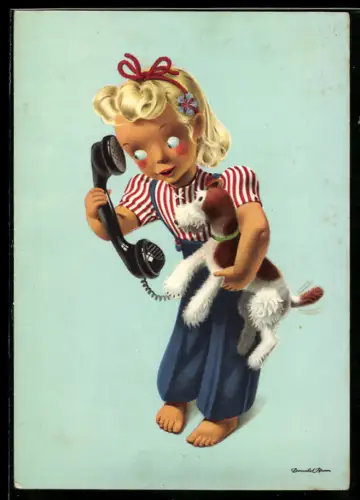 AK Fräulein mit Telefonhörer und Hund