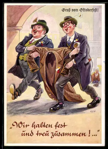 Künstler-AK München, Oktoberfest, Zwei Herren tragen einen Mantel