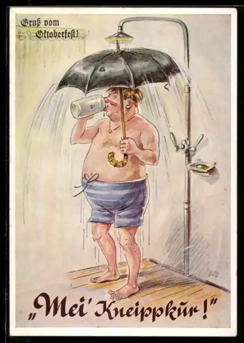 AK Münchner Hofbräuhaus, Mei` Kneippkur, Zecher duscht mit Regenschirm