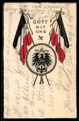 Präge-AK Gott mit uns, Wappen mit Fahnen