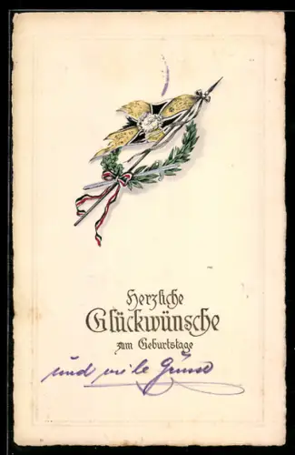 Präge-AK Fahne mit Kranz und Schwert, Geburtstagsgruss