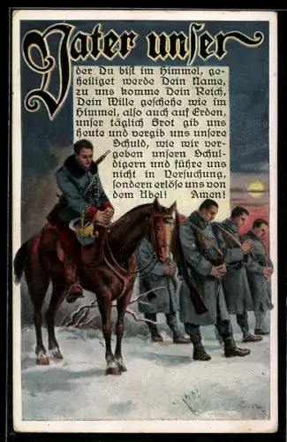 Künstler-AK Vater unser - Gebetstext, Betende Soldaten im Schnee