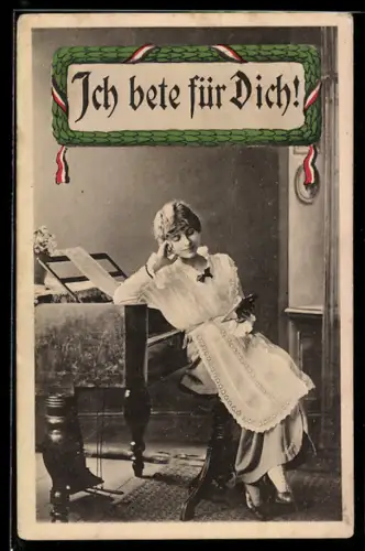 AK Junge Frau mit einem Foto am Flügel