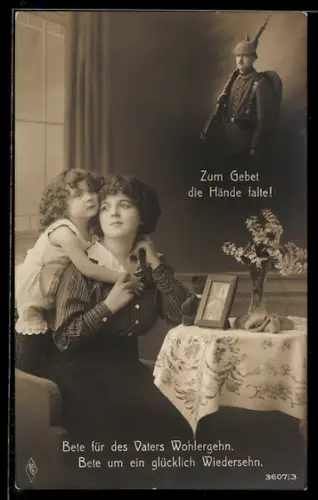 AK Frau und Kind denken an Soldaten