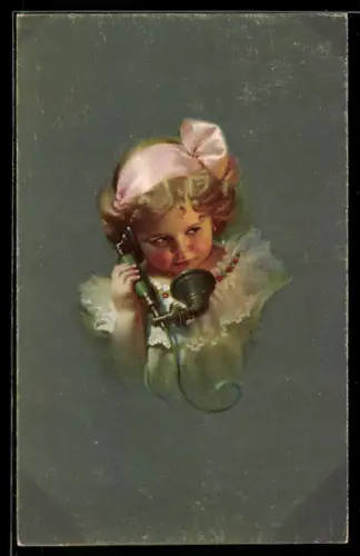 AK Mädchen mit rosa Schleife am Telefonhörer