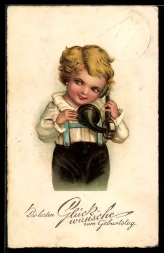 AK Junge mit Telefonhörer, Geburtstagsgruss