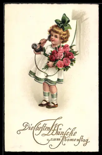 AK Mädchen mit Telefonhörer, Glückwunsch zum Namenstag