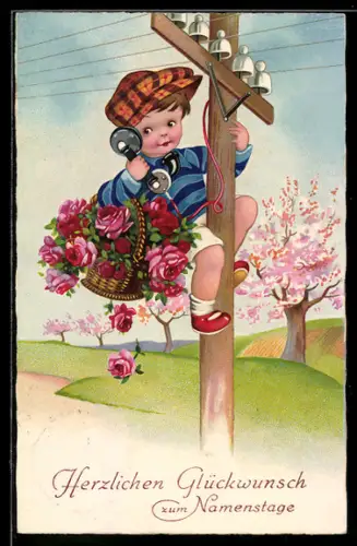 AK Junge mit Telefonhörer auf Mast, Glückwunsch zum Namenstag