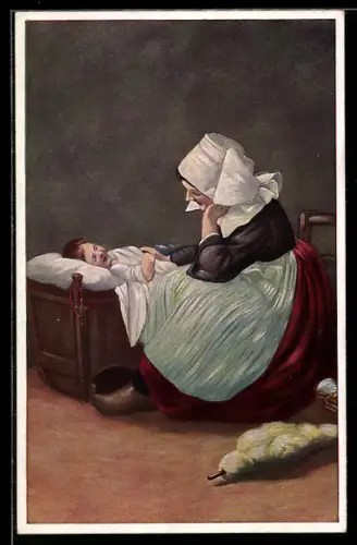 AK Holländerin bei ihrem Kind am Bett, Mutterglück